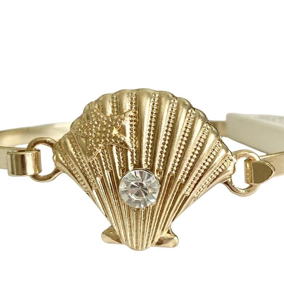Scallop Sea Shell Bracelet Bangle Nautical Island Beach 7.5" Gold Plated Crystal - Picture 1 of 13
